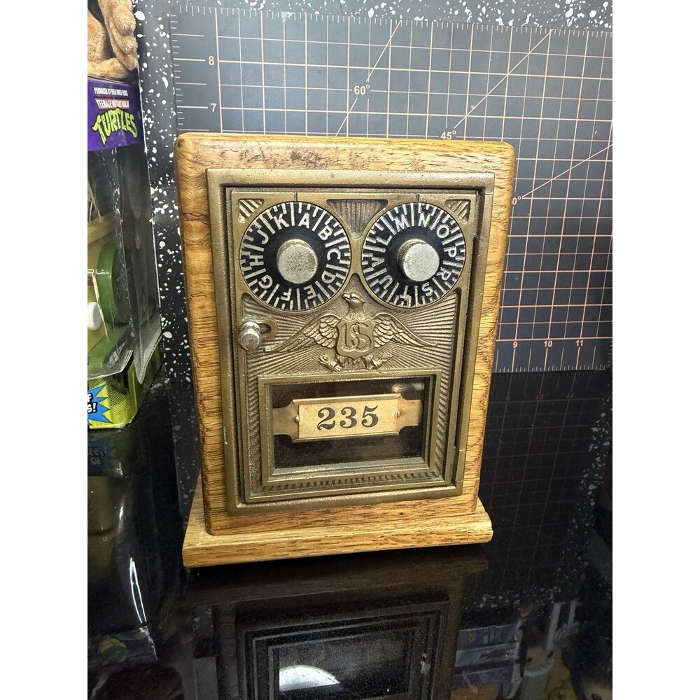 Vintage US Post Office Mailbox Door Wood Coin Bank Eagle Postal Box #235 No Code